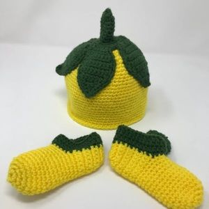 Yellow Squash Crochet Knit baby beanie & booties